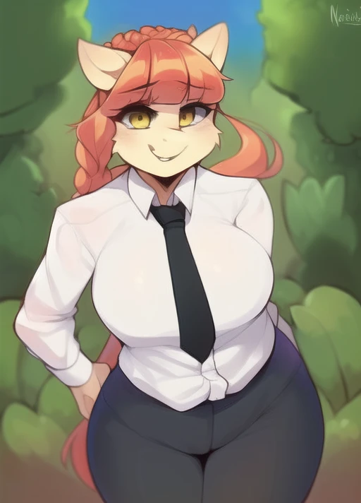 ((derpibooru_p_95)) makima \(chainsaw man\), solo, standing, red hair, long braided hair, golden eyes, bangs, medium breasts, white shirt, necktie, full body, black necktie, ((black pants)), braid, braided ponytail, collared shirt, (plantigrade anthro), cowboy shot, pony, smile,