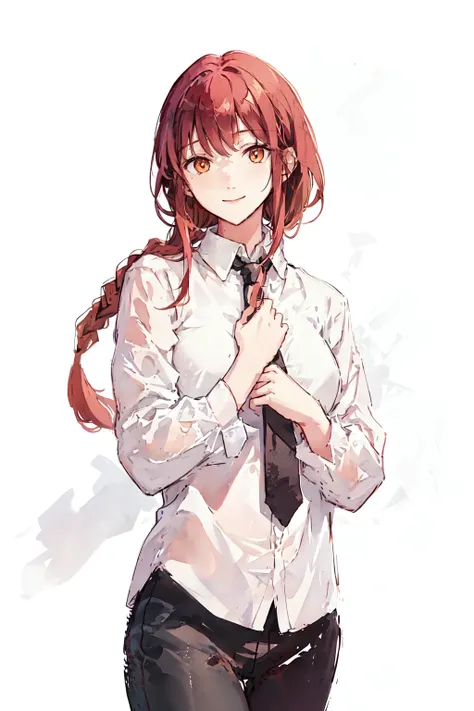 1girl, solo, standing, red hair, long braided hair, golden eyes, bangs, medium breasts, white shirt, necktie, stare, smile, hand on