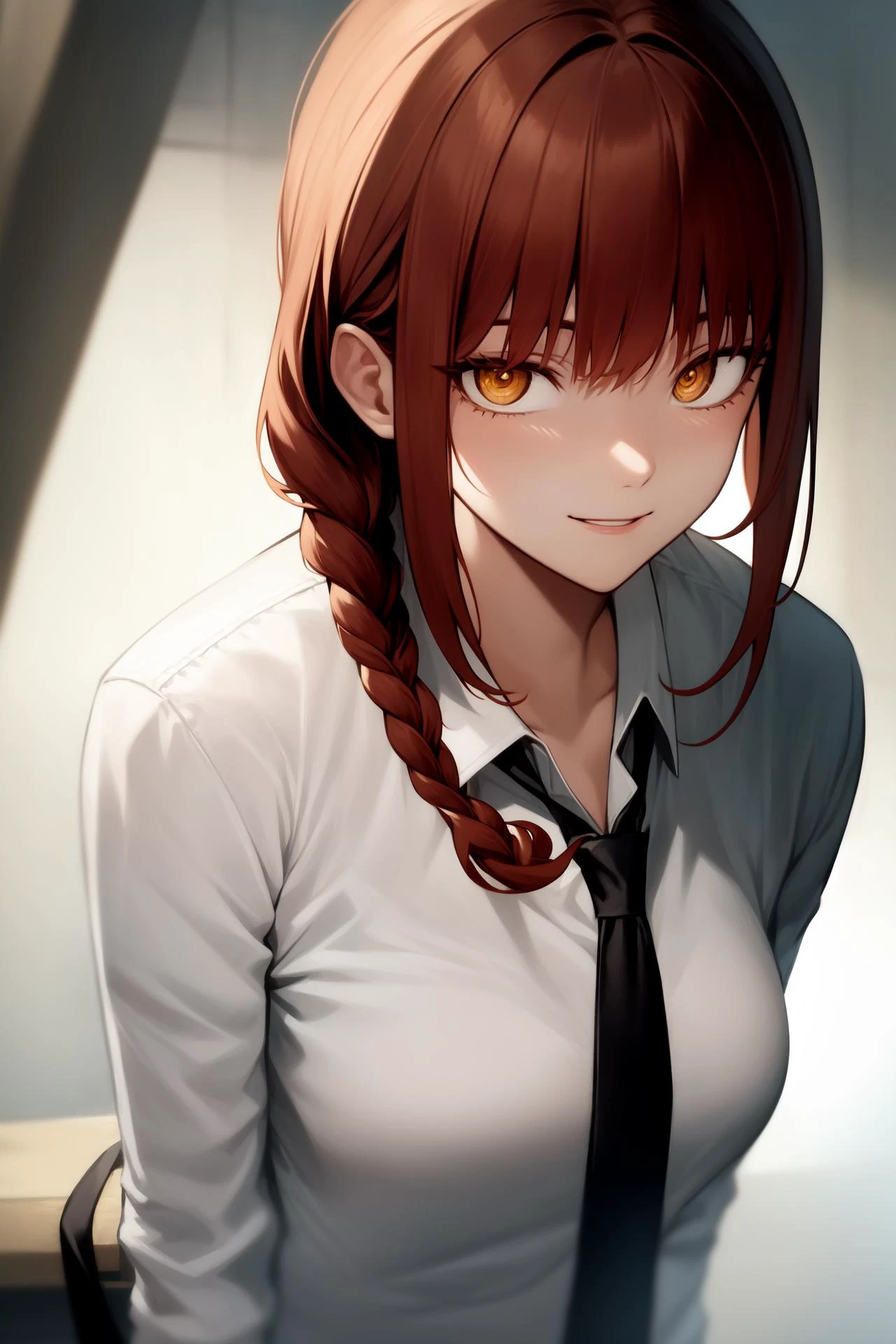 makima \(chainsaw man\), best quality, ultra detailed, 1girl, solo, red hair, long braided hair, golden eyes, bangs, medium breasts, white shirt, necktie, stare, smile, looking at viewer, <lora:makimaChainsawMan_offset:1>