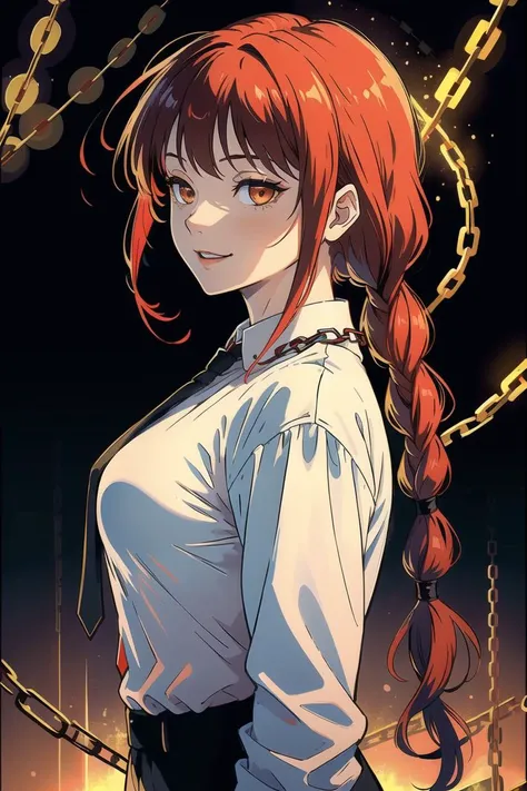 (masterpiece, best quality:1.2), makima, side view, ultra detailed, 1girl, solo, standing, red hair, long braided hair, golden eyes, bangs, medium breasts, white shirt, necktie, stare, smile, (evil:1.2), looking at viewer, (interview:1.3), (dark background, chains:1.3), blur background, <lora:makima_offset:0.6>
