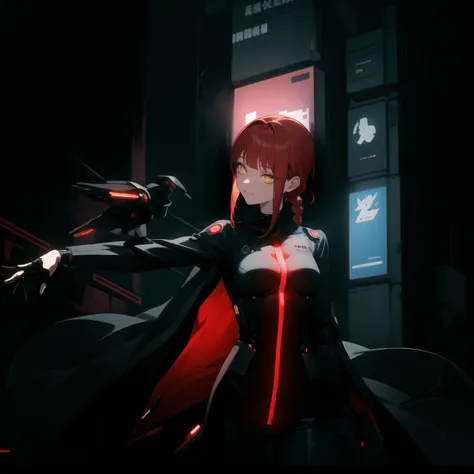 1girl, makima (chainsaw man), solo, red hair, braid, bodysuit, yellow eyes, braided ponytail, breasts, black bodysuit, looking at viewer, long hair, sidelocks, smile, bangs, outstretched arm, gloves, medium breasts, single braid, science fiction, closed mouth, cowboy shot, black gloves, cape, cyberpunk, standing, glowing, long sleeves