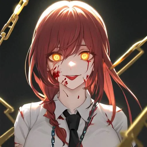 (best quality), (masterpiece), (highres), (depth of field), perfect lighting, extremely detailed girl, extremely detailed face, 1 girl, beautiful detailed eyes, full body, (looking at viewer),(sharp focus) <lora:makima_offset:1>, makima \(chainsaw man\), red hair, long braided hair, golden eyes, bangs, medium breasts, white shirt, necktie, torn clothes, glowing eyes, swirl eyes, smile, lick, tounge, lick lips, (dark background, chains:1.3), evil, blood on face, blood on clothes, blood
