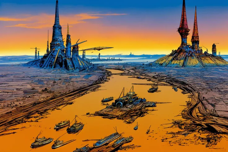 Urban landscape, methurlant style, <lora:methurlant:1>, futuristic comic book illustration