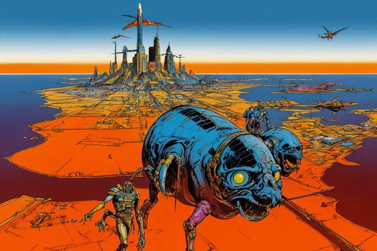 Urban landscape, methurlant style, <lora:methurlant:1>, futuristic comic book illustration