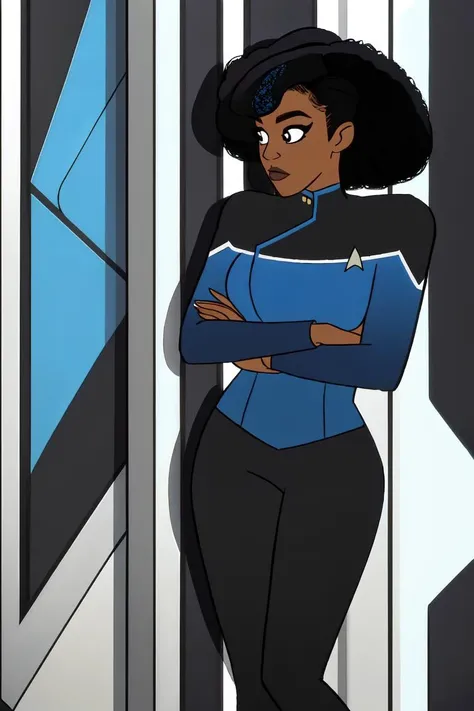Black woman wearing blue sttldunf uniform,<lora:STTLDV1:0.8>,cartoon,