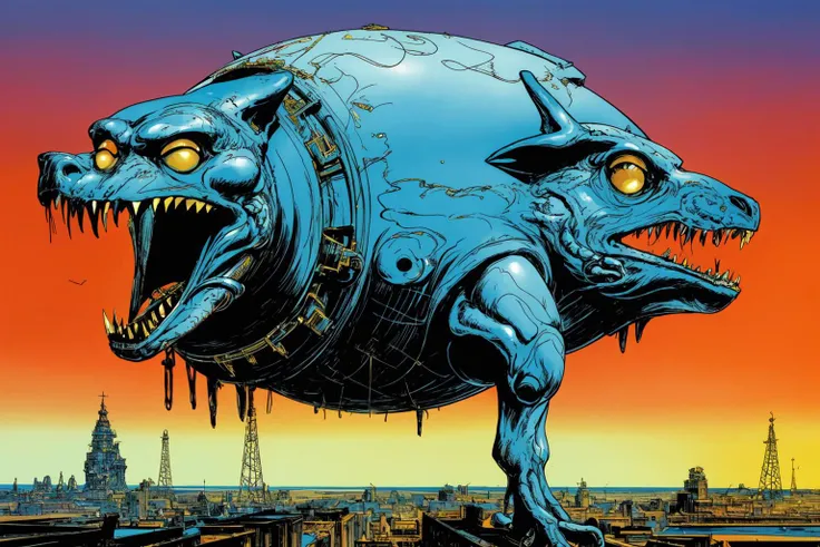 Urban landscape, methurlant style, <lora:methurlant:1>, futuristic comic book illustration