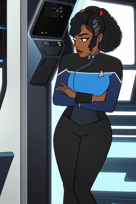 Black woman wearing blue sttldunf uniform,<lora:STTLDV1:0.8>,cartoon,