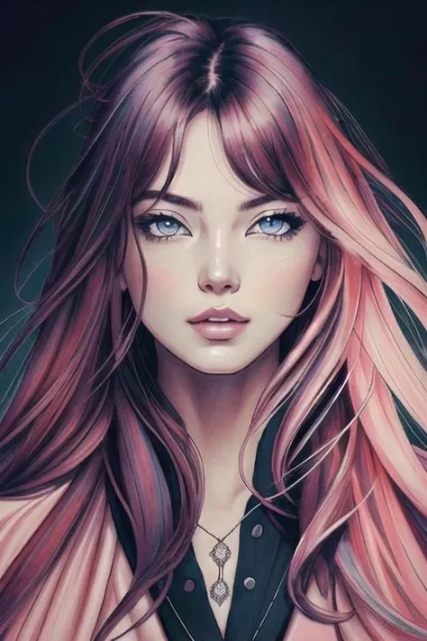 (masterpiece), (best illustration), 1girl, solo, long hair, violet and pink hair, vivid green eyes, punk clothing,depth of field, solo, extreme light and shadow, masterpiece, rich in detail, (fine features), (highest quality), (masterpiece), (detailed eyes), (beautiful) detailed, beautiful detailed eyes, upper body, (close up), (extremely detailed digital art wallpaper),(masterpiece), (best quality), (ultra-detailed), (best illustration),(best shadow),perfect lighting , vivid colors