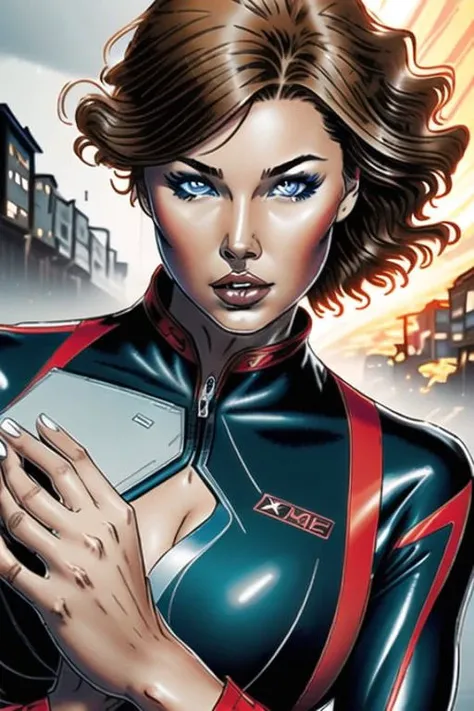 1girl, solo, blue eyes, seductive, auburn hair, wet suit, explosive scene, sexy, open clothes, looking at viewer, flying, x-men, gambit of the x-men, full body, sexy position, comic book wallpaper, illustration, dynamic angle,