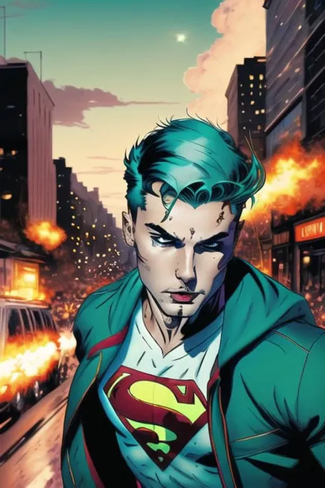 1boy, male focus, solo, green eyes, seductive, teal hair, sexy, open clothes, looking at viewer, flying, superhero, full body, sexy position, comic book wallpaper, illustration, dynamic angle,