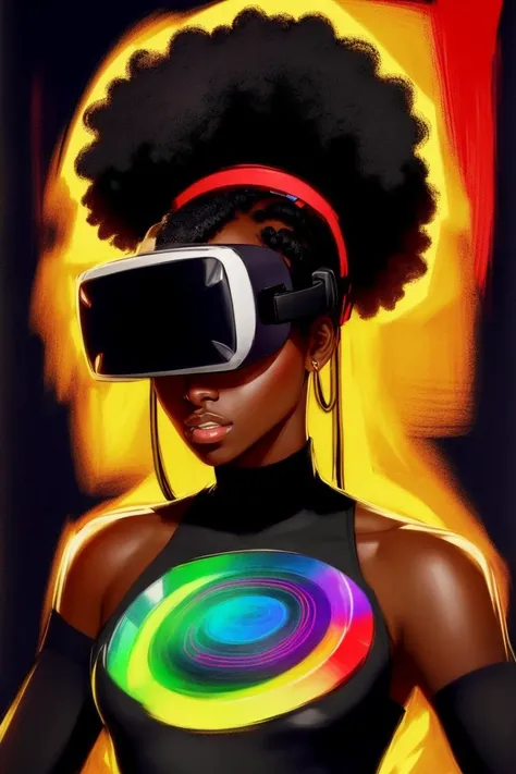 virtual reality arcade, afrofuturistic gamer, immersive headset, holographic controller, intense competition warm expression , flat chested, sensual, warm (muted colors), dark, dramatic shadows, bold brushwork, rich split complementary colors, <lora:epiNoiseoffset_v2:1.4>, ((colored pencil ))