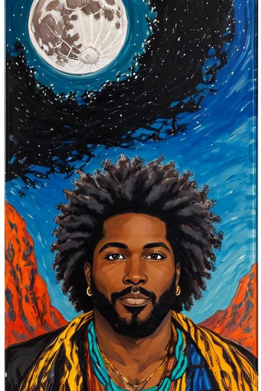 afrofuturist masterpiece, , ((bold acrylic panting )), high quality, masterful composition, best quality, 31 Y.O. man, at a festival, he is thick and strong, boho, smiling, kind eyes, clear eyes, full body pose, action shot, dancing, (detailed skin texture:0.7), dark scene, accent lighting, curly hair, (at night), at night, full moon in the sky, windblown hair, muted colors, camping, (blue )((triadic complementary color scheme)), (nsfw:0.6)