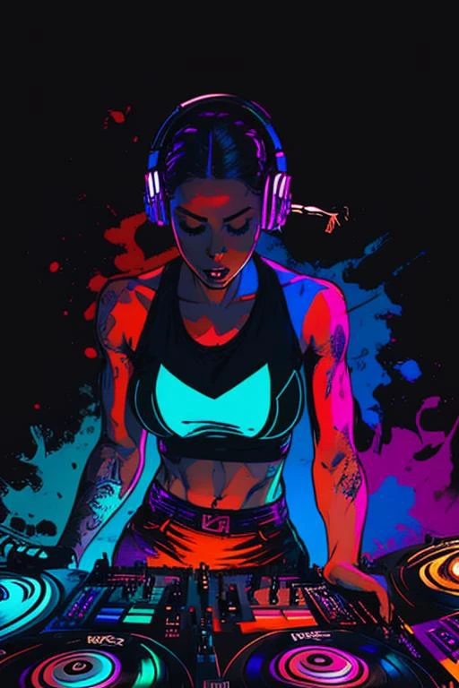 art decu (illustration), 21 y.o. woman, (((dj))) at work, powerful physique, expressive, split contrasting colors, expressive face, dark studio lighting, colorful art> <lora:epiNoiseoffset_v2:1>
