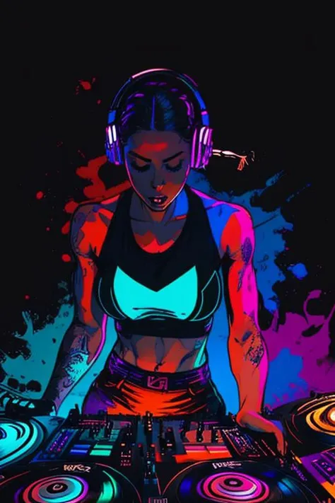 art decu (illustration), 21 y.o. woman, (((dj))) at work, powerful physique, expressive, split contrasting colors, expressive face, dark studio lighting, colorful art> <lora:epiNoiseoffset_v2:1>