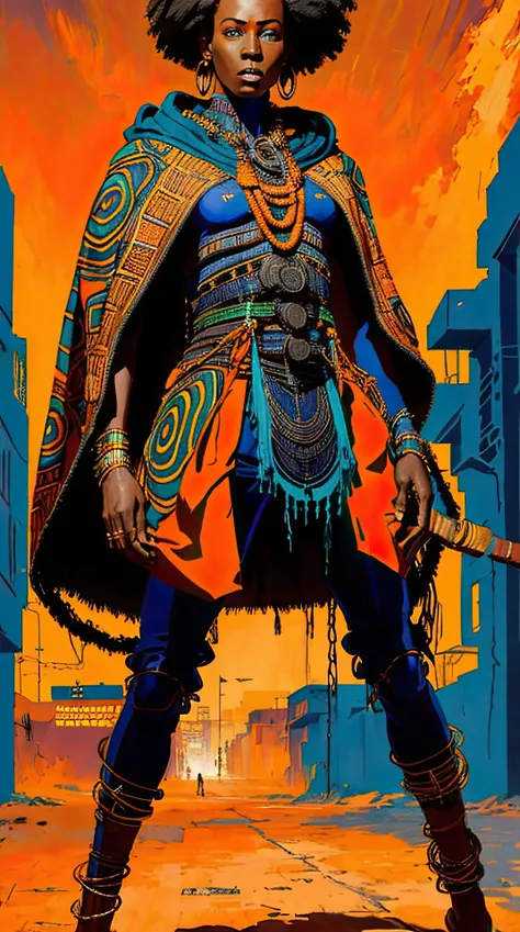 best quality, masterpiece, Cyberpunk African art studio, afrofuturistic sculptor, holographic statues, cultural fusion, intense gaze, swirling energy, consciousness, full body portrait, hooded orange velour cloak, open cloak, traditional African patterns and fabric, colorful African dress, triadic complementary colors, warm colors, detailed brushwork, bold color <lora:DiscoElysiumStyle_v1:.31> <lora:epiNoiseoffset_v2:0.6>