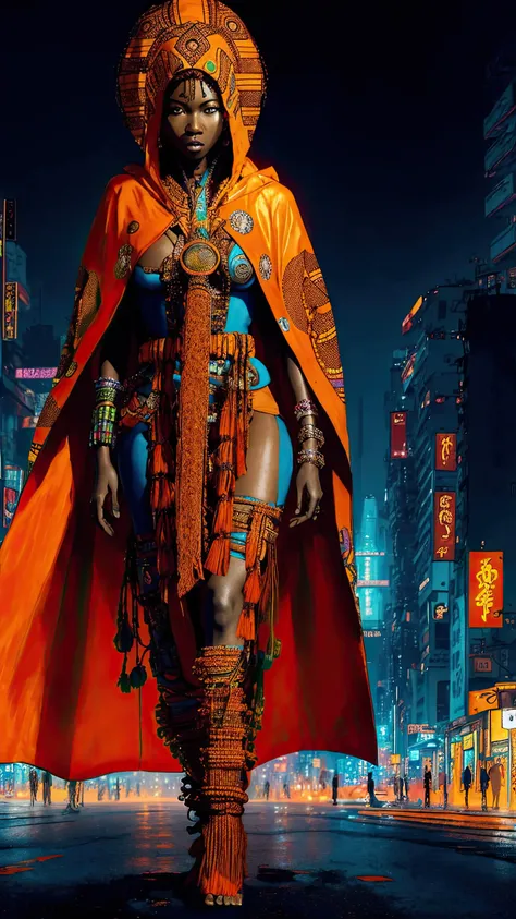 best quality, masterpiece, Cyberpunk alien city, 1girl, afrofuturistic explorer, holographic statues, [african | asian] cultural fusion, intense gaze, full body portrait, hooded orange samurai cloak, open cloak, traditional African patterns and fabric, colorful African dress, triadic complementary colors, warm colors, strong brushwork, bold color <lora:epiNoiseoffset_v2:0.6>