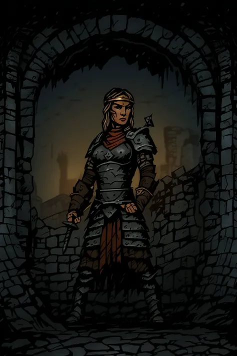 ddstyle, a female warrior in the ruins, bokeh <lora:DarkestDungeonSDXL:1.0>