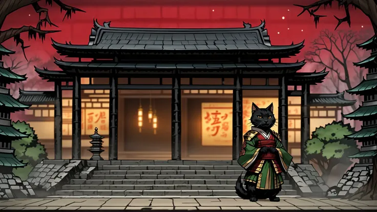 ddstyle, anime, a japanese style shogan warrior cat, japanese temples in the background, bokeh<lora:DarkestDungeonSDXL:1.0>