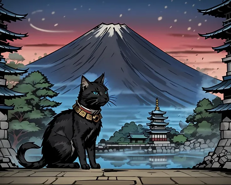 ddstyle, anime, a japanese style shogan warrior cat, japanese temples in the background, mount fuji, bokeh<lora:DarkestDungeonSDXL:1.0>