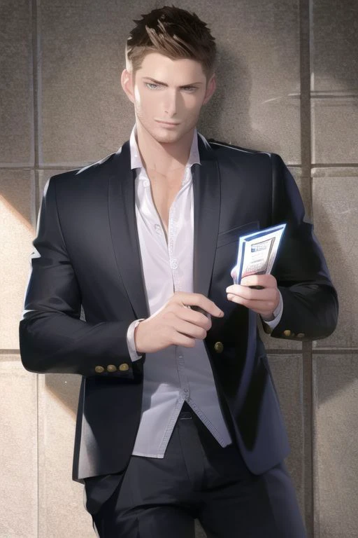 1boy,
dean winchester showing his FBI card,
cowboy shot,
black suit, white shirt, black tie,
looking at viewer,
<lora:Dean_Winchester:0.9>