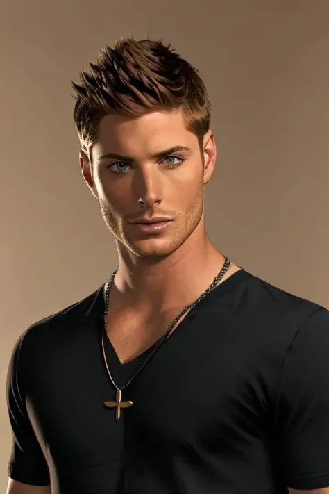 1boy,
dean winchester
close up,
black t-shirt, neckless under the t-shirt,
beige background,
<lora:Dean_Winchester:1>