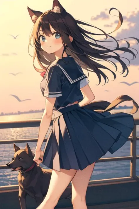 1girl, dog girl, skirt flip, wind lift, looking at viewer,