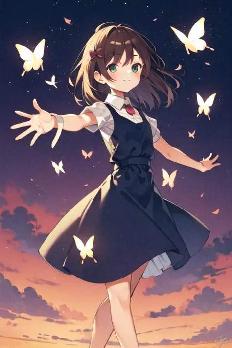 1girl, outstretched arm, butterfly,