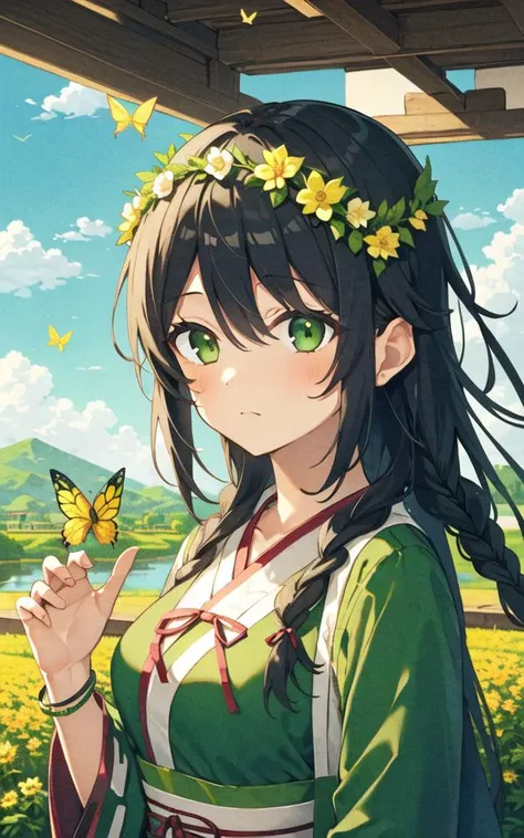 1girl,  (face close-up:1.5),solo,(upper body),from side,green eyes, black hair, (long hair:1.2), [(side braids:1.2)|long hair],(tress ribbon:1.3),(braid:1.2), medium breasts,bangle, white hanfu,head wreath,spring \(season\), standing,hiding behind another,wind, east asian architecture,  outstretched hand, holding flower,moss,willow,(dark clouds:1.2), dark blue sky ,sprout, sapling,river, bridge,(yellow butterfly:1.2),gradient border,