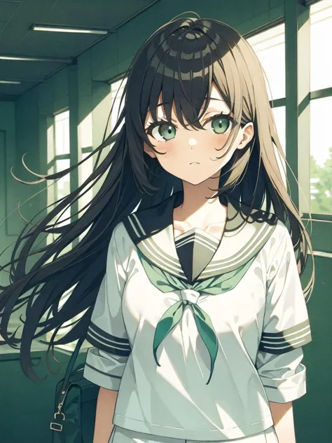 1girl,white serafuku,green theme, school,