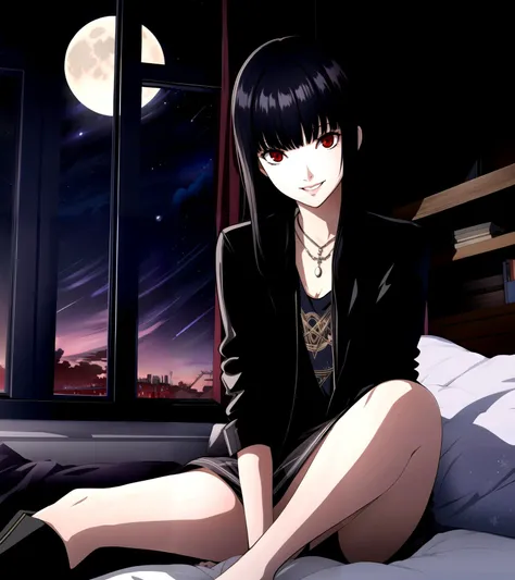 <lyco:Persona Lycoris-000036:0.75>, 1girl, aurora, bed, bed sheet, black hair, blunt bangs, city lights, cloud, constellation, crescent moon, curtains, earth \(planet\), full moon, galaxy, jewelry, light particles, long hair, looking at viewer, milky way, moon, moonlight, necklace, night, night sky, on bed, open window, planet, red eyes, red moon, round window, shooting star, sitting, sky, smile, solo, space, star \(sky\), starry sky, starry sky print, window