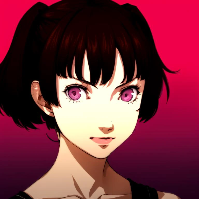 (masterpiece, best quality:1.2), Persona Portrait, niijima makoto, official artwork, simple_background, dark background, BREAK
1girl, (pink_eyes), smirk, brat, (detailed eyes:1.2), (small chest:1.2), (black dress:1.2), fang, (pink_hair, bangs, long_hair, twintails), black hair bow, pink_ribbon, pink_collar, hair_ornament, looking_at_viewer, collarbone, jewelry, <lora:Soejima-000023:1>