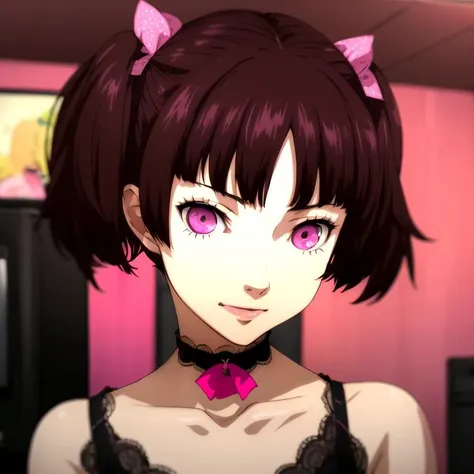 (masterpiece, best quality:1.2), Persona Portrait, niijima makoto, (far shot:1.4), (wide angle lens:1.2), Otaku_Room, pink room, stuffed animals, clutter, gamer girl, BREAK 1girl, (pink_eyes:1.3), smirk, brat, (detailed eyes:1.2), (small chest:1.2), (black dress:1.2), fang, (pink_hair:1.2), (bangs, long_hair, twintails), black hair bow, pink_ribbon, pink_collar, hair_ornament, looking_at_viewer, collarbone, jewelry, <lora:Soejima-000023:0.8>