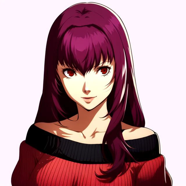 persona portrait,  <lora:Soejima-000023:0.8> , 1girl, bare shoulders, breasts, cleavage, hair intakes, large breasts, long hair, off-shoulder sweater, off shoulder, purple hair, red eyes, ribbed sweater, simple background, smile, solo, sweater, white sweater, ((scathach \(fate\))), hair between eyes, highres, 
(masterpiece, top quality, best quality, official art, beautiful and aesthetic:1.2), beautiful, attractive, handsome, trending on ArtStation, DeviantArt contest winner, CGSociety, ultrafine, studio lighting, sharp focus, ultra-detailed, intricate, illustration, extremely detailed, perfect face, amazing