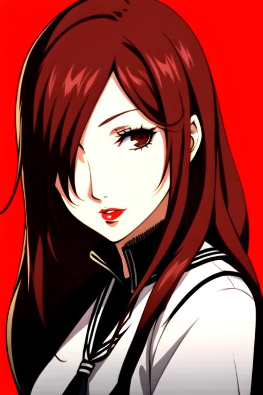 ((cowboy shot)), persona, 1girl, solo, long hair, red hair, lipstick, hair over one eye, makeup, portrait, lips, simple background, red eyes, white background, red lips, red hair, brown eyes, parted lips, school uniform,
(((masterpiece))), (highest quality), best quality, highres, (intricate details), 8K, extremely detailed, ((perfect face)), <lyco:Persona Lycoris-000036:0.8>