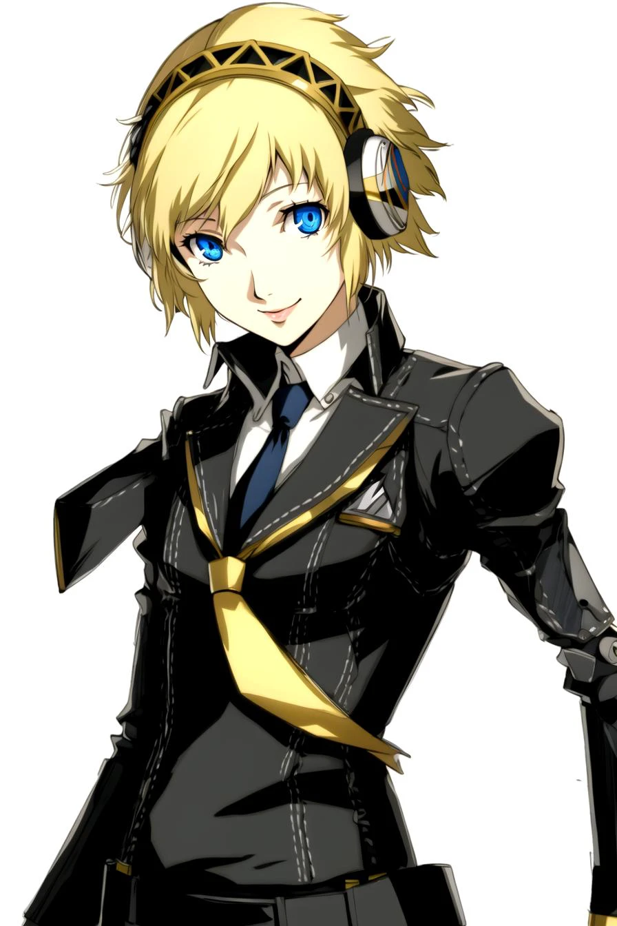 ((cowboy shot)), 1girl, (aegis (persona)), solo, blonde hair, blue eyes, android, short hair, necktie, formal, gloves, suit, simple background, white background, headphones, smile, hairband, robot joints, joints, lips, white gloves, alternate costume, school uniform
(((masterpiece))), (highest quality), best quality, highres, (intricate details), 8K, extremely detailed, ((perfect face)), <lyco:Persona Lycoris-000036:0.8>