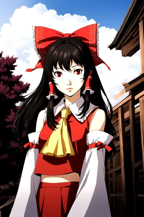 <lyco:Persona Lycoris-000036:0.8>, 1girl, ascot, black hair, bow, crop top, detached sleeves, expressionless, frills, gohei, hair bow, hair tubes, long hair, long sleeves, looking at viewer, parted lips, red bow, red eyes, red vest, solo, symbol-shaped pupils, upper body, vest, wide sleeves, yellow ascot, hakurei reimu, cowboy shot, 
(((masterpiece))), (highest quality), best quality, highres, (intricate details), 8K, extremely detailed, ((perfect face)), cinematic lighting, extremely detailed, perfect face, volumetric lighting, bokeh, amazing, (masterpiece:1.2, best quality),