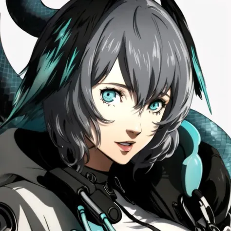 1girl, aqua eyes, aqua nails, aqua wings, between breasts, breasts, coat, dress, feathered wings, fingerless gloves, fingernails, from side, grey hair, hair between eyes, head wings, large breasts, coat, looking at viewer, open mouth, parted lips, short hair, sidelocks, snake tail, solo, white background, white dress, holhaya, highres, arknights, persona portrait, <lora:Holhaya:1> 

<lora:Soejima-000023:0.8>,  cinematic, amazing, vivid colors,
(((masterpiece))), (highest quality), best quality, highres, (intricate details), 8K, extremely detailed, Digital Art,  (intricate details), award-winning, hyper-detailed, (illustration:1.1), 