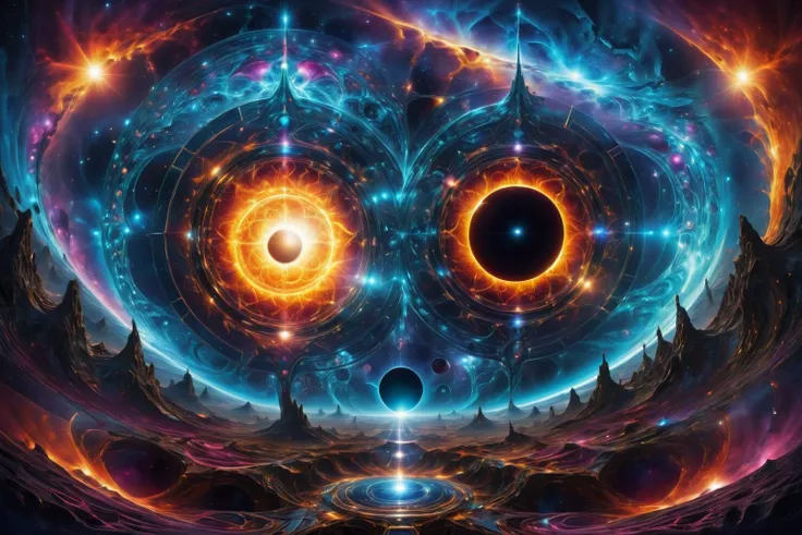 creative website for artificial intelligence with a beautiful futuristic landscape with shining light geometric shapes, sol ring, (solar eclipse), Artistic outer space, scenery, (Kaleidoscope, fractal:0.8), <lora:design_t_005_2:1> <lora:SDXLFaeTastic2400:1.05> <lora:sdxl2-flat2-512b:-0.75>