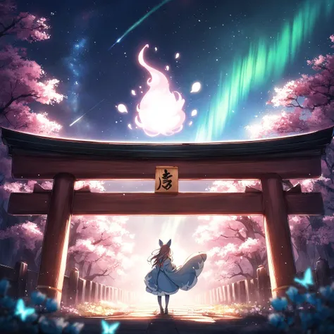 <lora:add-detail-xl:3> <lora:sdxl2-flat2-512b:-1>
no humans BREAK
cherry blossoms, (falling petals, blue butterfly) BREAK
starry sky, shooting star, (milky way), aurora, night sky, night BREAK
(hitodama:1.2), (blue soul flame) BREAK
japanese temple, torii, multiple torii BREAK
(masterpiece, absurdres, very aesthetic:1.2), perfect anatomy, perfect lighting, (cinematic light, volumetric lighting:1.8), light particles, ultra detailed