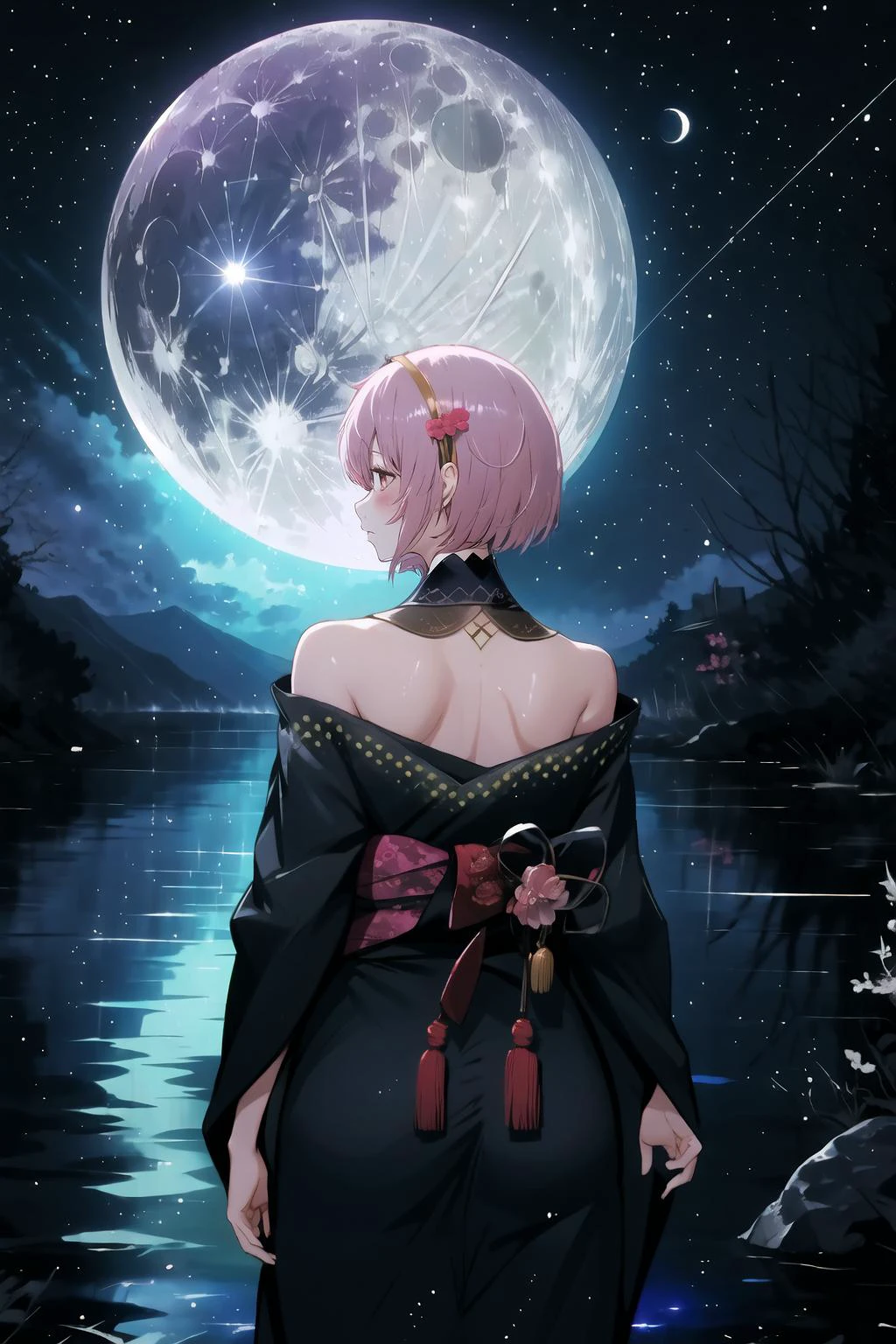High Quality, Masterpiece, 1girl, MoriNewYears, short hair, detached collar, black kimono, bare shoulders, sash, <lora:Char_VTuber_CalliopeMori:0.9>, night, (dark environment), <lora:Style_DarkIncursioStyle:1>, from behind, onsen, moon, ocean, pink hair,