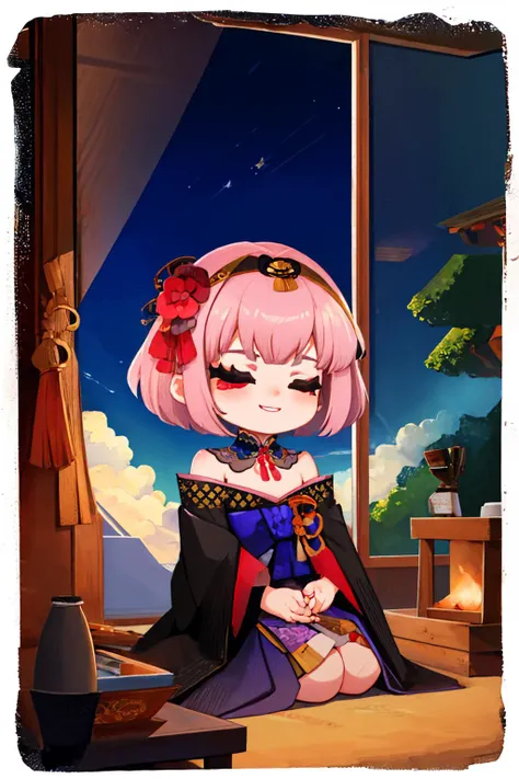 (masterpiece, best quality:1.2), border, chibi, solo, 1girl, MoriNewYears, smile, seiza, short hair, closed eyes, detached collar, black kimono, bare shoulders, sash <lora:style_onmyoji-20:1> <lora:CHAR-MoriCalliope:1>