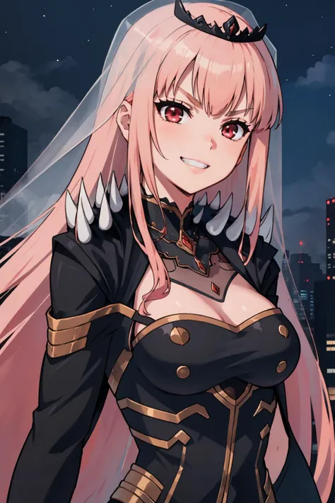 masterpiece, best quality, <lora:CHAR-MoriCalliope:1> MoriCalliope, long hair, MoriBase, long hair, veil, tiara, long black sleeveless dress, side slit, torn black cape, shoulder spikes, single black thighhigh, detached sleeves, see-through sleeve, large breasts, smirk, furrowed brow, night, monochrome, red eyes, teeth, grin, upper body, dynamic pose