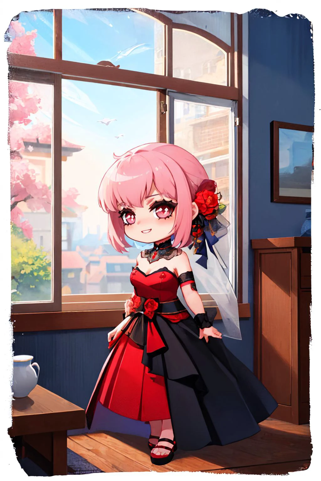 (masterpiece, best quality:1.2), border, chibi, city street, solo, 1girl, MoriDress, smile, looking at viewer, hair flower, strapless dress, red dress, detached collar, wrist cuffs, lace armband, indoors <lora:style_onmyoji-20:1> <lora:CHAR-MoriCalliope:1>