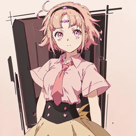 <lora:Noredo_Nug-10:1>Noredo_Nug, 1girl, solo, short hair, pink hair, pink eyes, forehead jewel,short sleeves, hairband, collared shirt, black skirt,high-waist skirt, yellow necktie,beige shirt