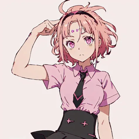 <lora:Noredo_Nug-10:1>Noredo_Nug, 1girl, solo, short hair, pink hair, pink eyes, forehead jewel,short sleeves, hairband, necktie, collared shirt, black skirt,high-waist skirt, yellow necktie