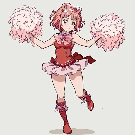<lora:Noredo_Nug-10:1>outdoor,Masterpeace,high quality,Noredo_Nug, 1girl, short hair, red dress, solo, short hair,  hair ornament, pink hair, red boots, white bow, sleeveless, pink eyes, knee boots, cheerleader,standing,full body,forehead jewel,frill