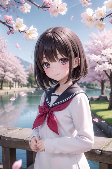 (masterpiece), outdoors, cherry blossoms, petals, sunlight, lake, 1girl, blush, smile, medium hair, sailor uniform