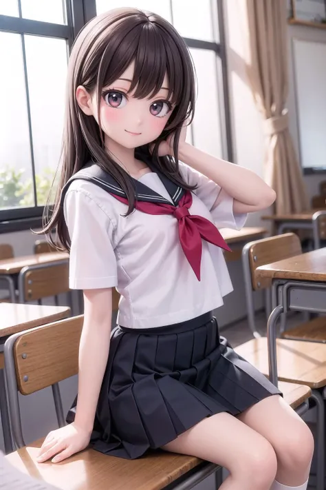 (masterpiece), classroom, 1girl, smile, solo, school uniform, serafuku
