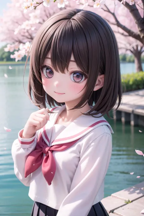 (masterpiece), outdoors, cherry blossoms, petals, sunlight, lake, 1girl, blush, smile, medium hair, sailor uniform