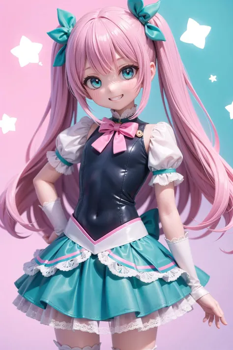 (masterpiece), pink theme, aqua theme, magical girl, bubble skirt, grin